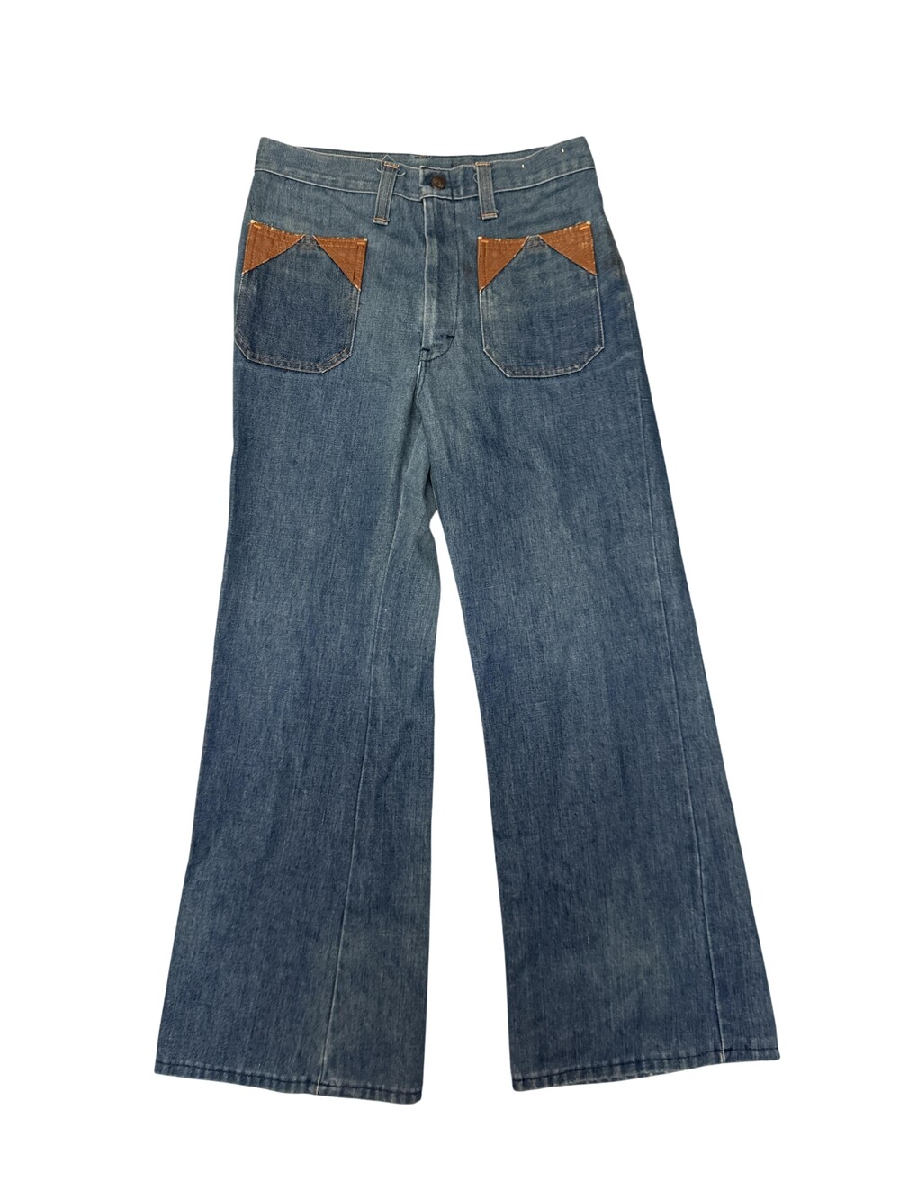 High Rise flare Leg Jeans Womens 28x29 Blue Brown Trim Patch vintage 70s